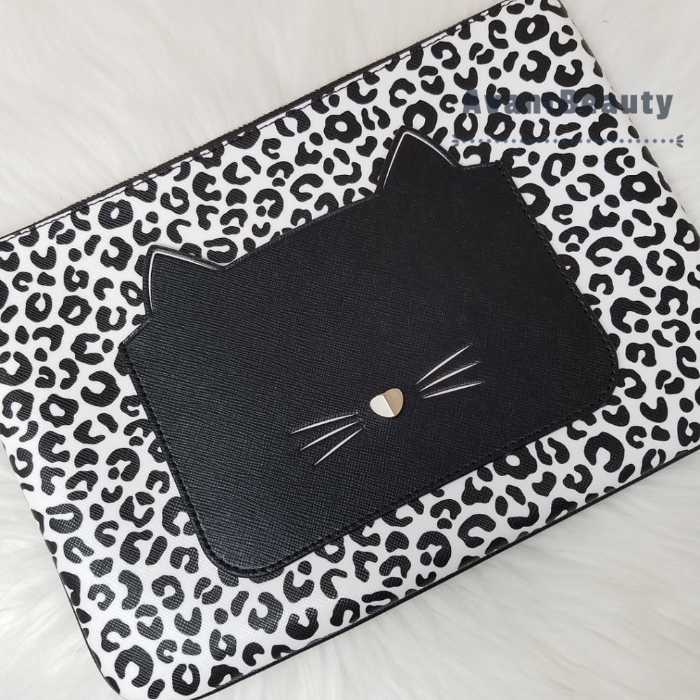 Kate Spade New York Authentic Large Zip Pouch Clutch Black White Leopard